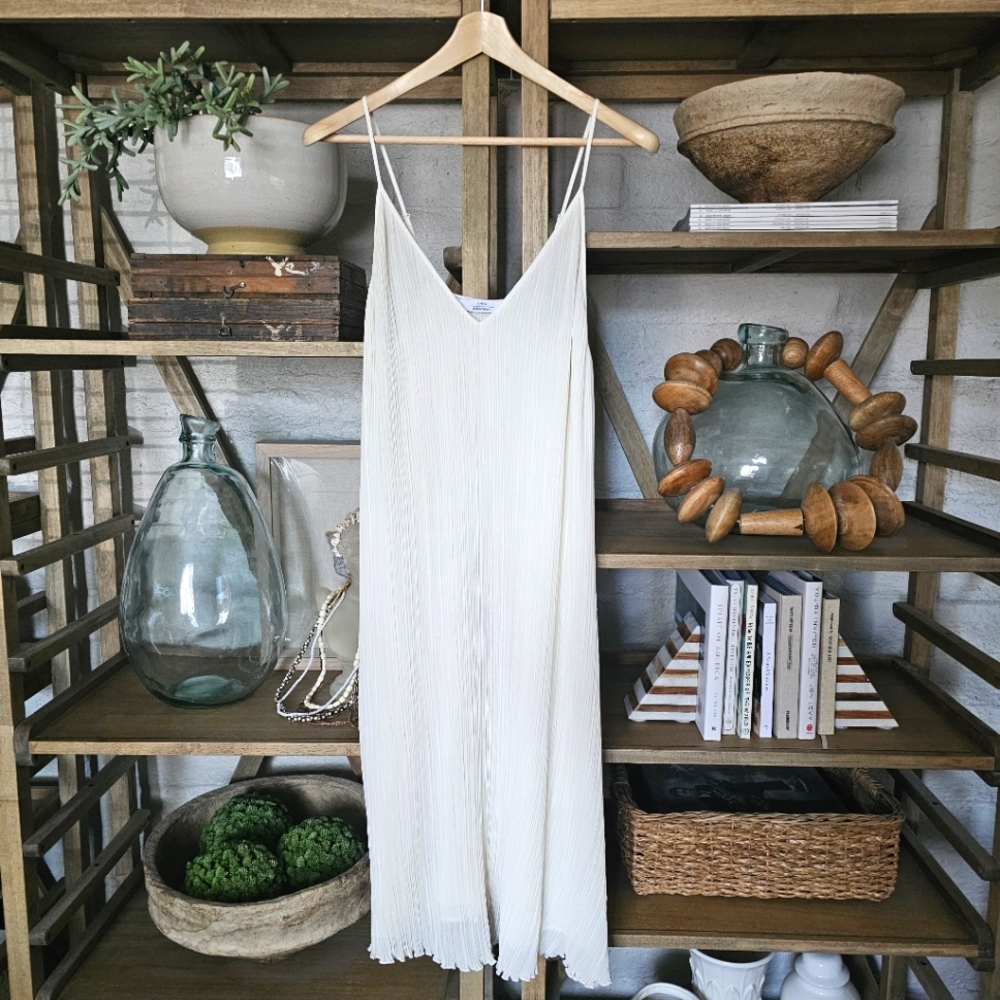 & Other Stories Plunging Pleated A-line Midi Slip Dress Sz 8 Ivory
